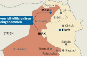 Коричневым цветом обозначена территория, контролируемая исламистами, пунктиром - курдские провинции