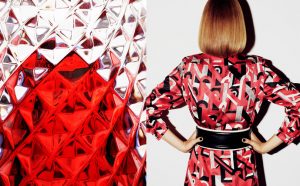 Prada возвращается к традициям Баухауза. Платье с геометрическим рисунком, строгим и радикальным.