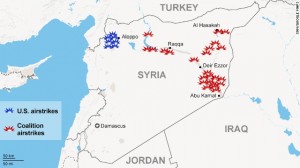 Синим обозначены авиаудары США, красным - авиации саудовской Аравии и ОАЭ