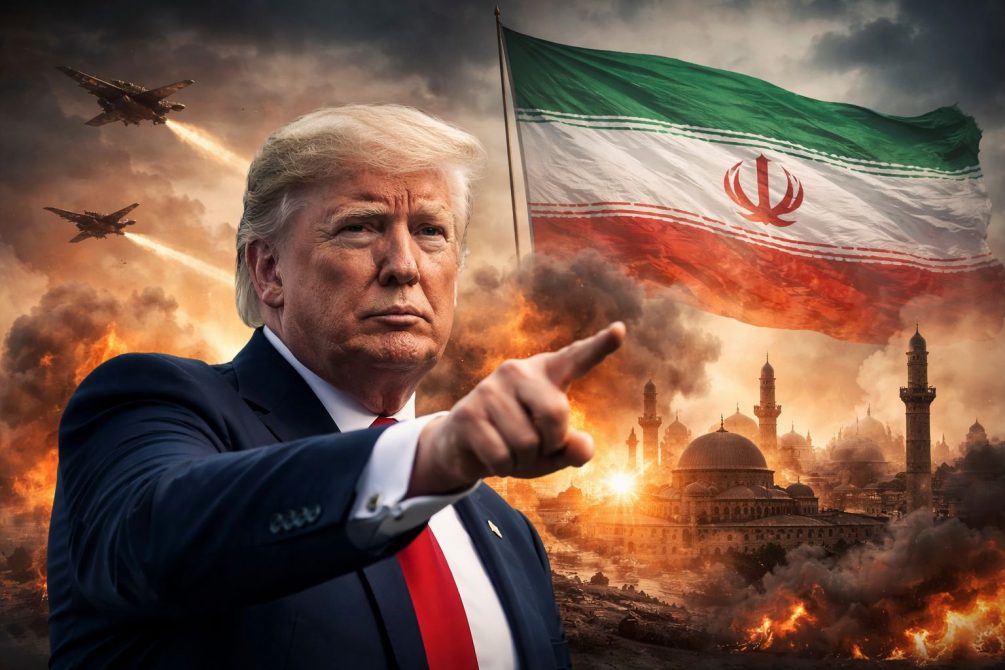 Дональд Трамп на фоне военной сцены с флагом Ирана, самолетами и дымом от взрывов