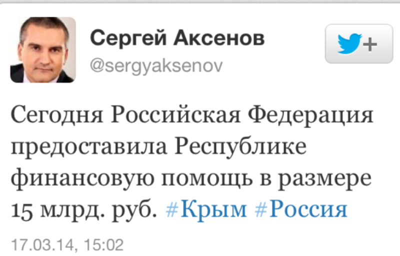 Россия предоставила Крыму 15 млрд рублей 
