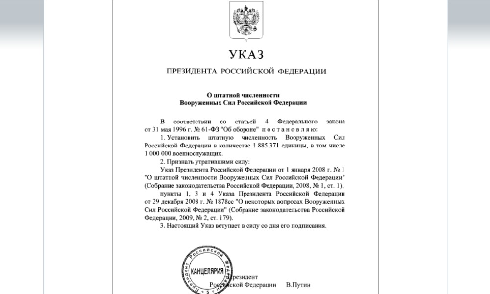 Указ президента о муниципальной. Указ президента о Вооруженных силах РФ. Указ президента о штатной численности вс РФ. Указ о численности Вооруженных сил России с.