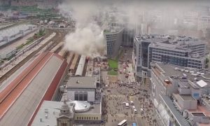 Опубликовано видео с коптера пожара у Киевского вокзала в Москве, где погибли два человека