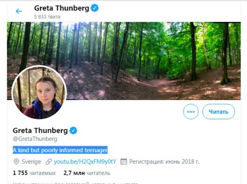 Грета Тунберг после слов Путина изменила профиль в Twitter