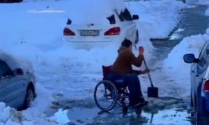 В Краснодаре колясочник не стал терпеть и расчистил дорогу от снега