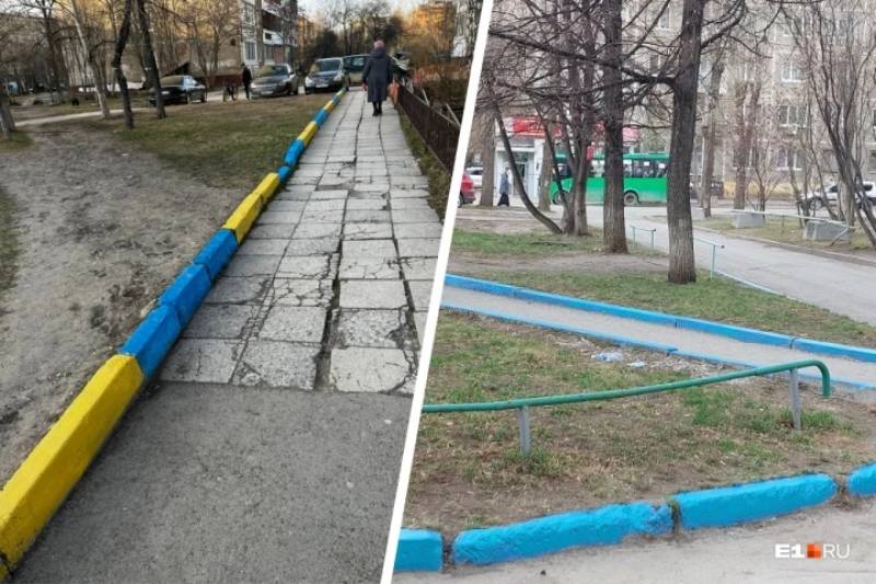 "Деукраинизация": в Екатеринбурге за сутки перекрасили бордюр, которые уборщица покрыла цветами флага Украины